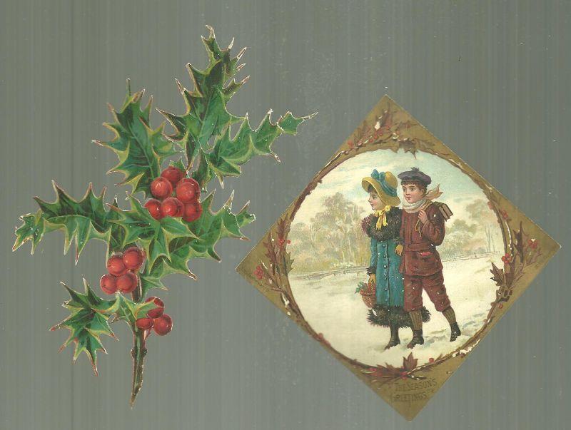 Victorian Christmas Card with Boy and Girl Walking in the Snow and Die Cut Holly