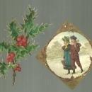 Victorian Christmas Card with Boy and Girl Walking in the Snow and Die Cut Holly