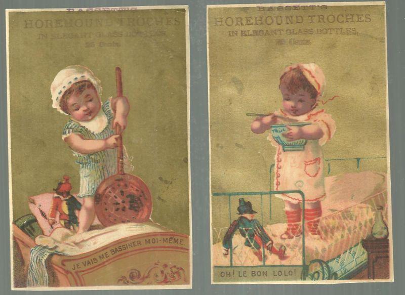 Lot of Two Victorian Trade Cards Bassett's Horehound Troches with Child in Bed