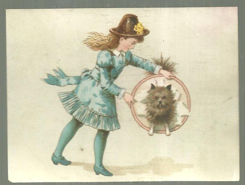 Victorian Trade Card for German Coffee with Girl and Dog Jumping Through Hoop