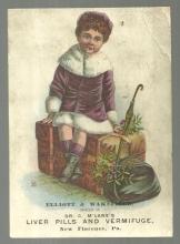 Victorian Trade Card for McLane's Pills with Little Girl Traveling for Christmas
