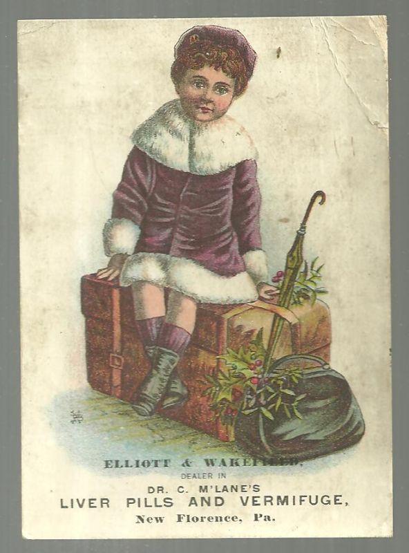 Victorian Trade Card for McLane's Pills with Little Girl Traveling for Christmas