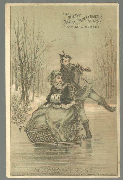 Victorian Trade Card for Dalley's Pain Extractor With Man Pushing Woman on Ice