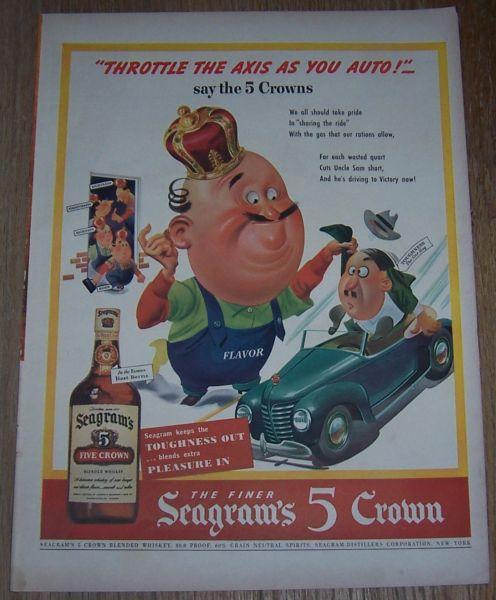 1943 Seagrams 5 Crown Whiskey Life Magazine Color Advertisement Throttle Axis