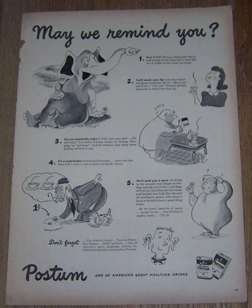 1943 World War II Postum Ed Nafziger Life Magazine Advertisement Mealtime Drink