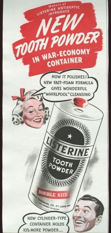 1943 World War II Magazine advertisement for Listerine Tooth Powder.