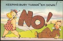 Vintage Unused Comic Postcard of Busy Lady Turning 'Em Down