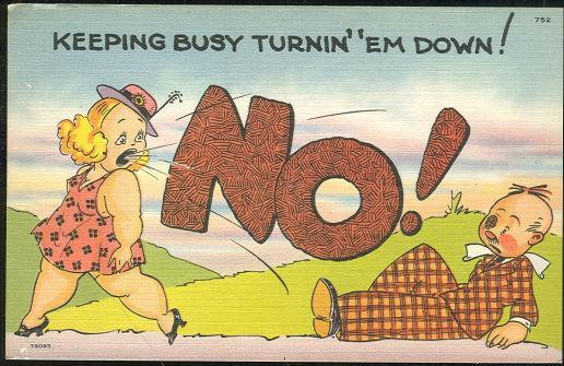 Vintage Unused Comic Postcard of Busy Lady Turning 'Em Down