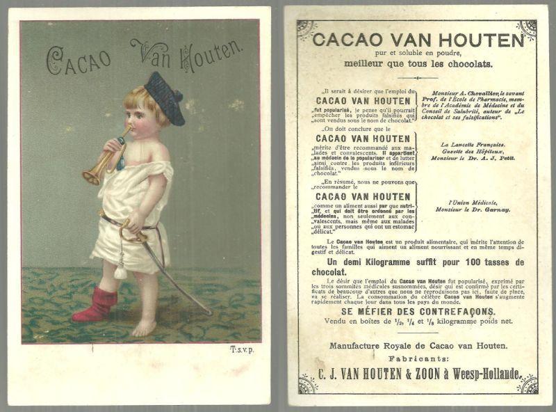 Victorian Trade Card for Cacao Van Houten with Little Boy Dressed as Soldier