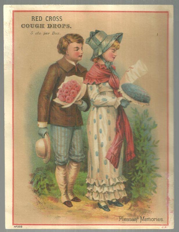 Victorian Trade Card for Red Cross Cough Drops With Lovely Courting Couple
