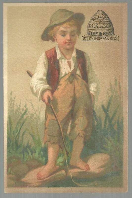 Victorian Trade Card Partridge and Richardson's Bee Hive Stores With Boy Fishing