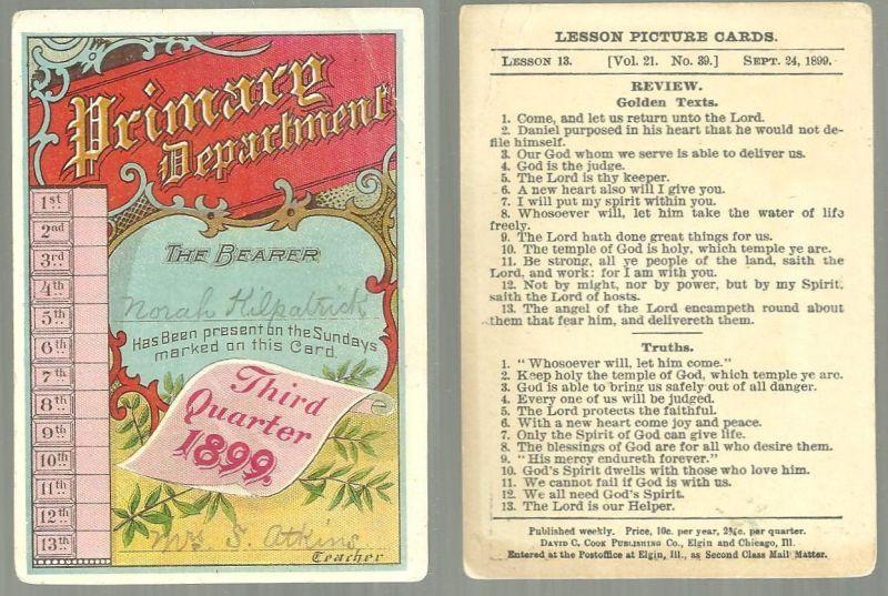 Victorian Sunday School Lesson Picture Card Third Quarter 1899 with Truths