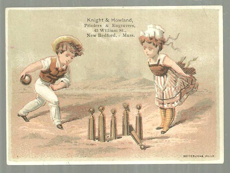 Victorian Trade Card for Knight and Howland Printers with Boy and Girl Bowling