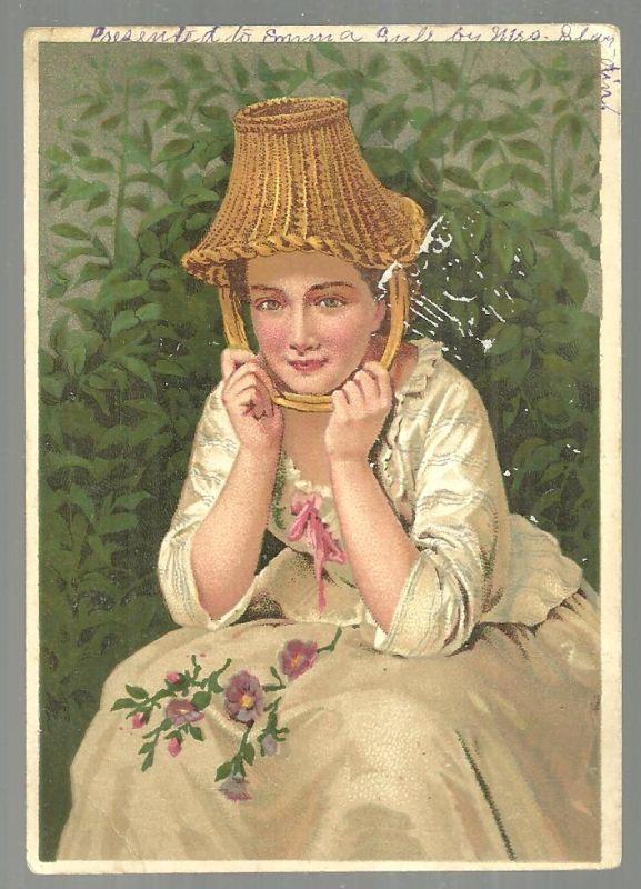 Victorian Trade Card for Dr. Jayne's Vermifuge With Lovely Lady With Basket Hat