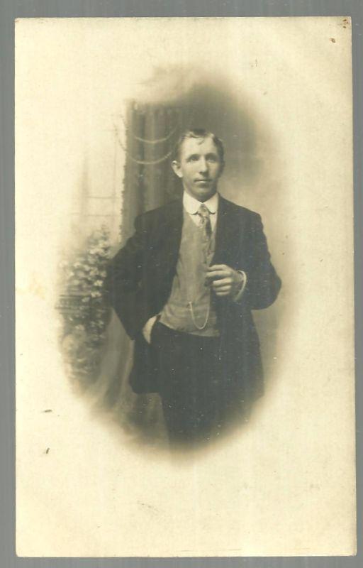 Vintage Unused Real Photo Postcard of Young Man in Suit
