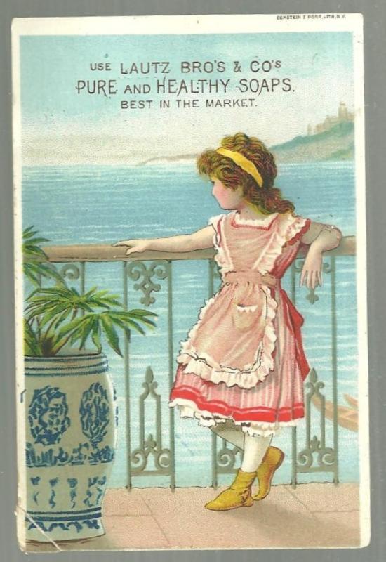 Victorian Trade Card for Lautz Bros. Soaps With Young Girl on Italian Balcony