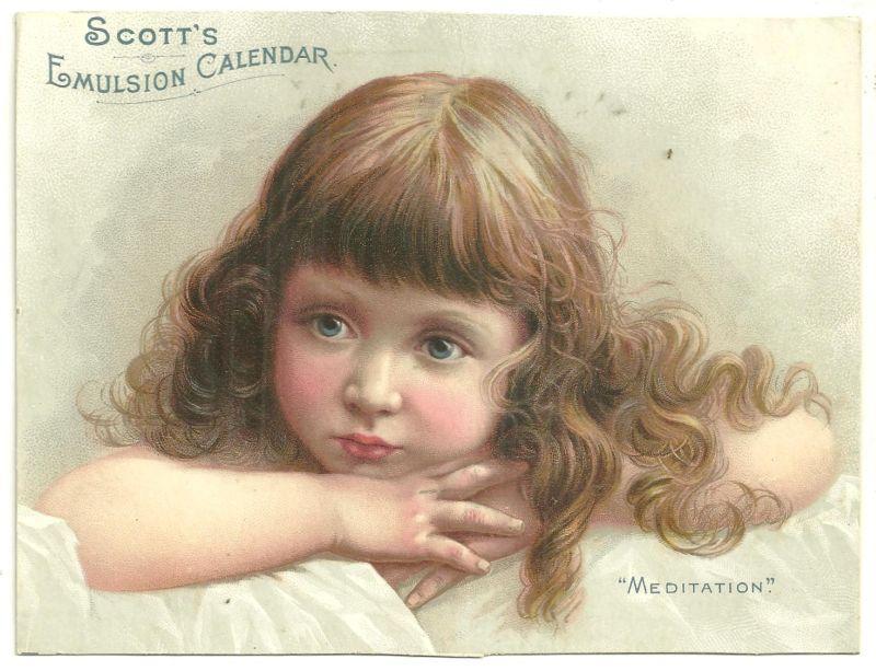 Victorian Trade Card for Scott's Emulsion Calendar with Lovely Girl Meditation