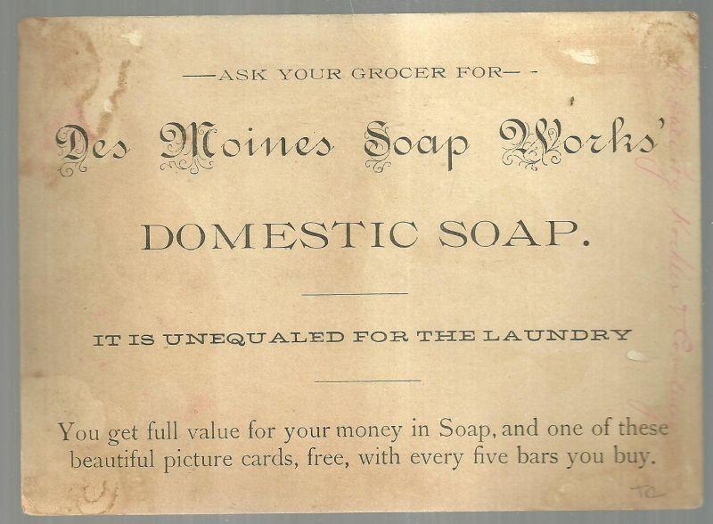Victorian Trade Card For Des Moines Domestic Soap with Moonlight Ruin