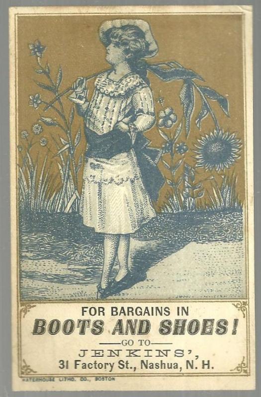 Victorian Trade Card for Jenkins' Boots and Shoes with Lovely Lady and Sunflower