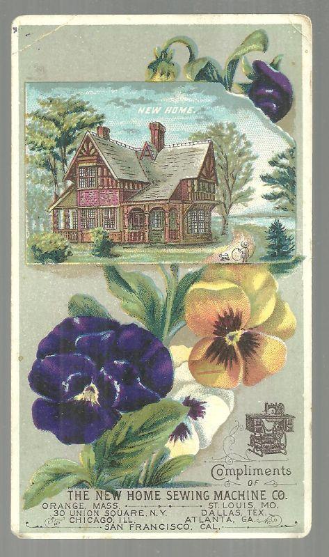 Victorian Trade Card for New Home Sewing Machine with Pansies and A New Home