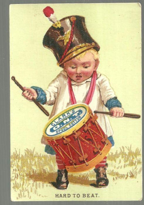 Victorian Trade Card for Clark's Spool Cotton with Boy Banging a Drum