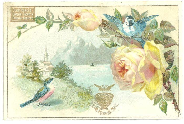 Victorian Trade Card for Peninsular Stoves with Blue Birds and Yellow Roses