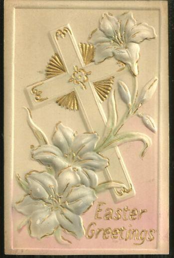 Easter Greetings Postcard with Puffy Cross and Flowers