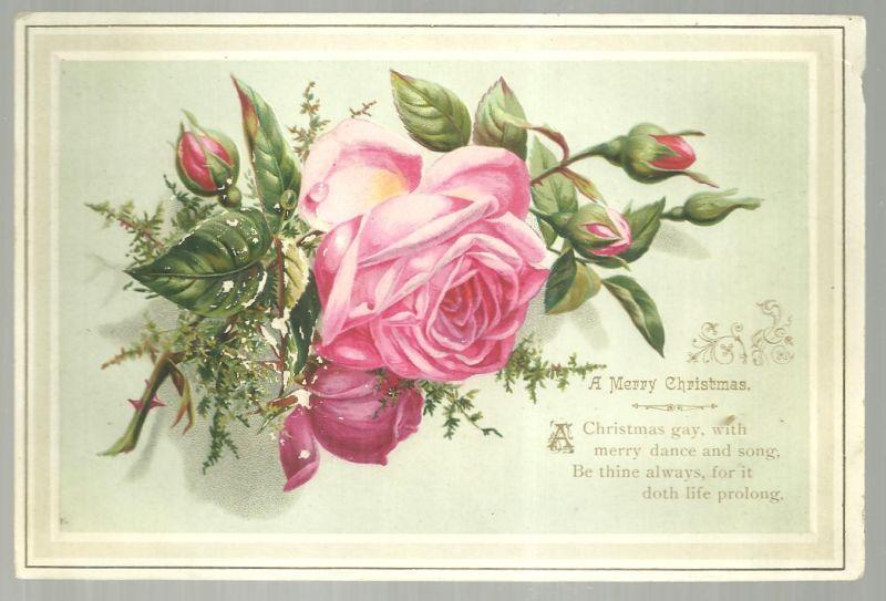 Victorian Merry Christmas Card with Pink Rose
