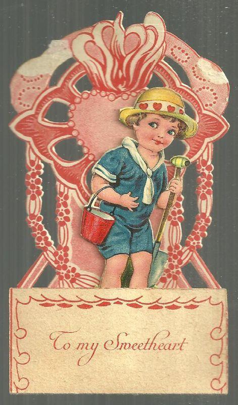 Victorian German Fold Out Valentine Little Boy Dressed for the Beach with Shovel