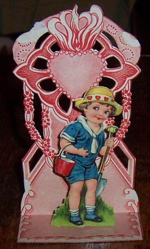 Victorian German Fold Out Valentine Little Boy Dressed for the Beach with Shovel