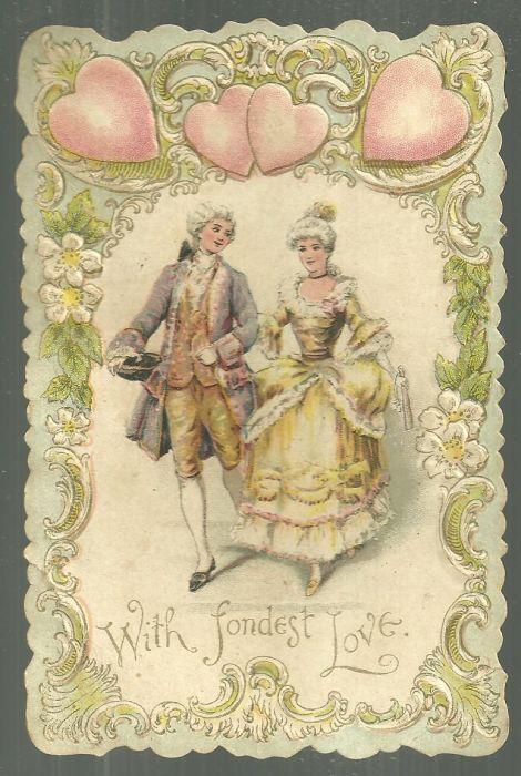 Vintage Valentine Card Eighteenth Century Couple and Hearts With Fondest Love