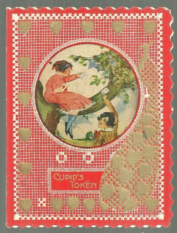 Vintage Valentine Card with Little Boy and Little Girl Playing in Tree