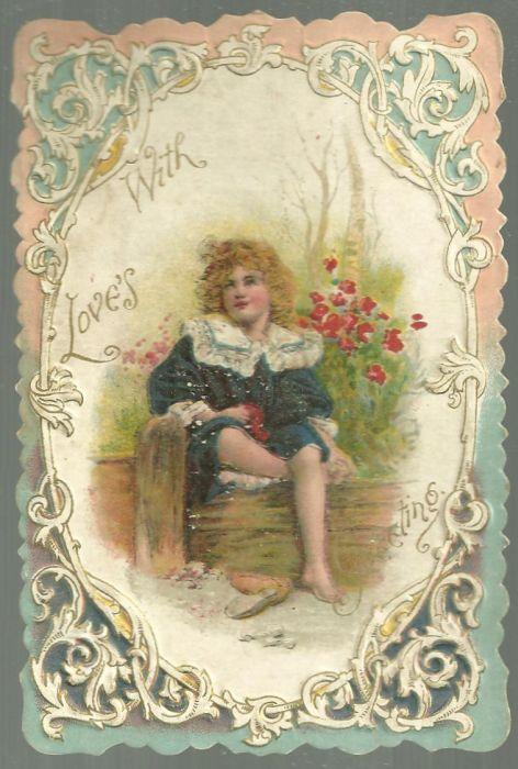 Vintage Valentine Card with Little Boy Sitting at Beach With Love's Greetings