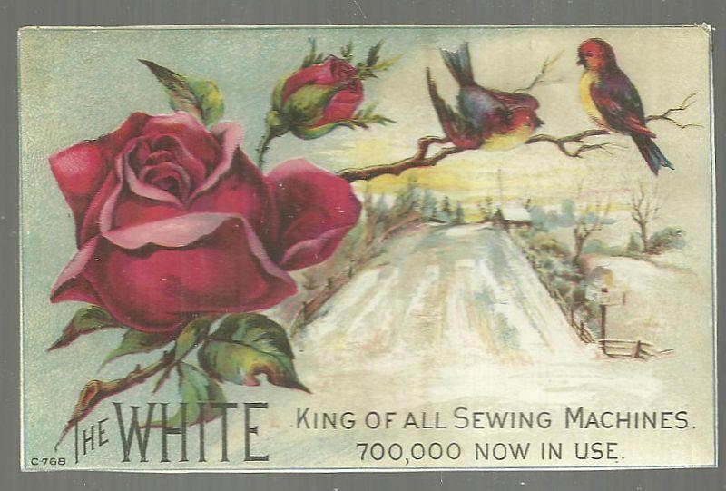 Victorian Trade Card for White Sewing Machine with Roses and Winter Scene