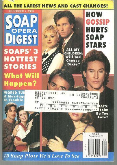 Soap Opera Digest Magazine December 7, 1993 Soaps' Three Hottest Stories Cover