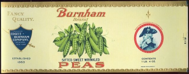 Burnham Brand Sifted Sweet Wrinkled Peas Can Label