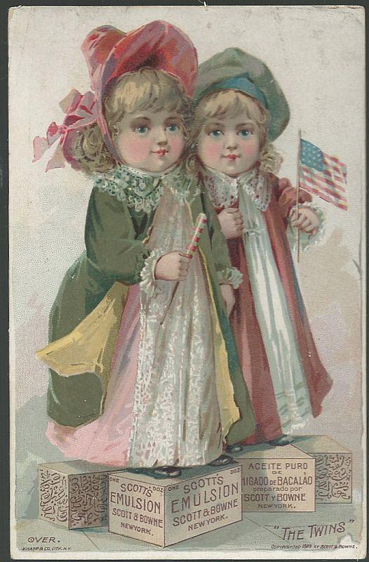 Victorian Trade Card for Scott's Emulsion, with the Twins with American Flags