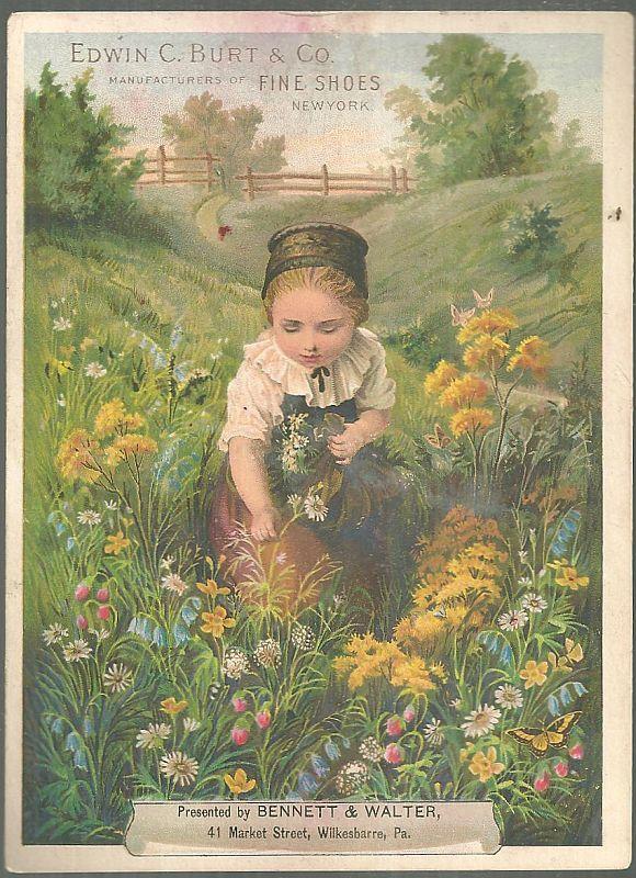 Victorian Trade Card for Edwin C. Burt Fine Shoes with Girl Picking Flowers