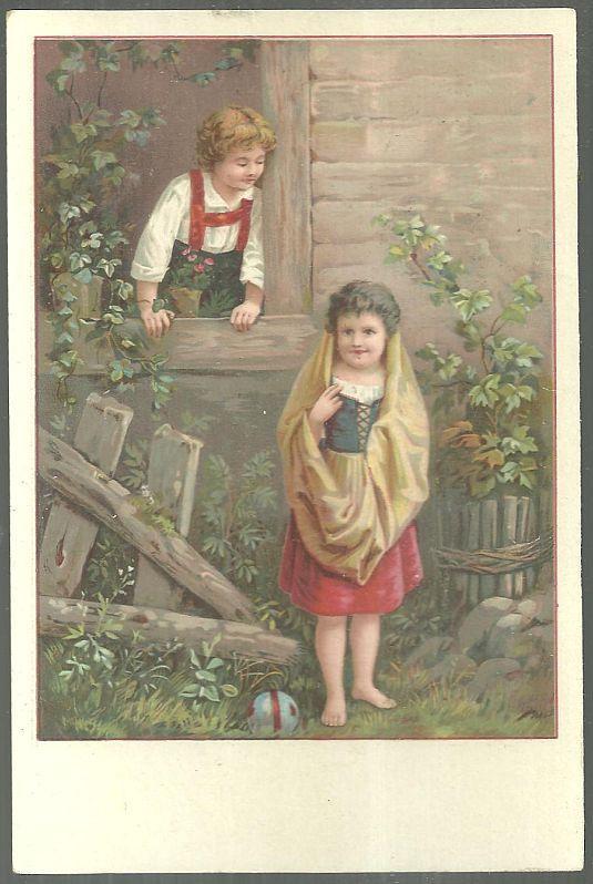 Victorian Trade Card for Van Houten Cacao with Boy and Girl Playing Outside