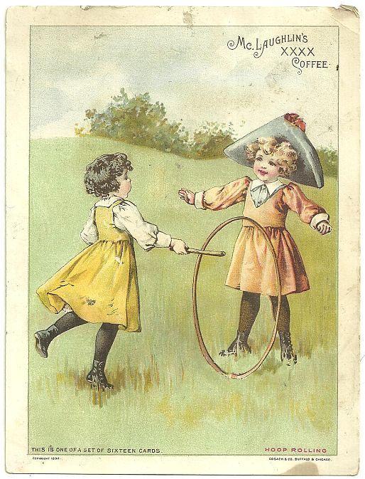 Victorian Trade Card for McLaughlin's Coffee with Two Girls Hoop Rolling