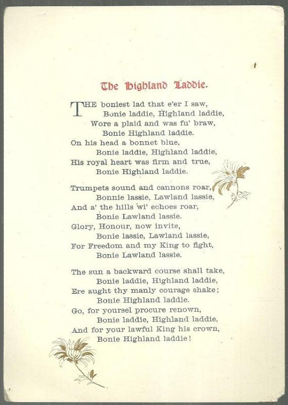 Victorian Card with Red Roses and Robert Burns' Poem The Highland Laddie