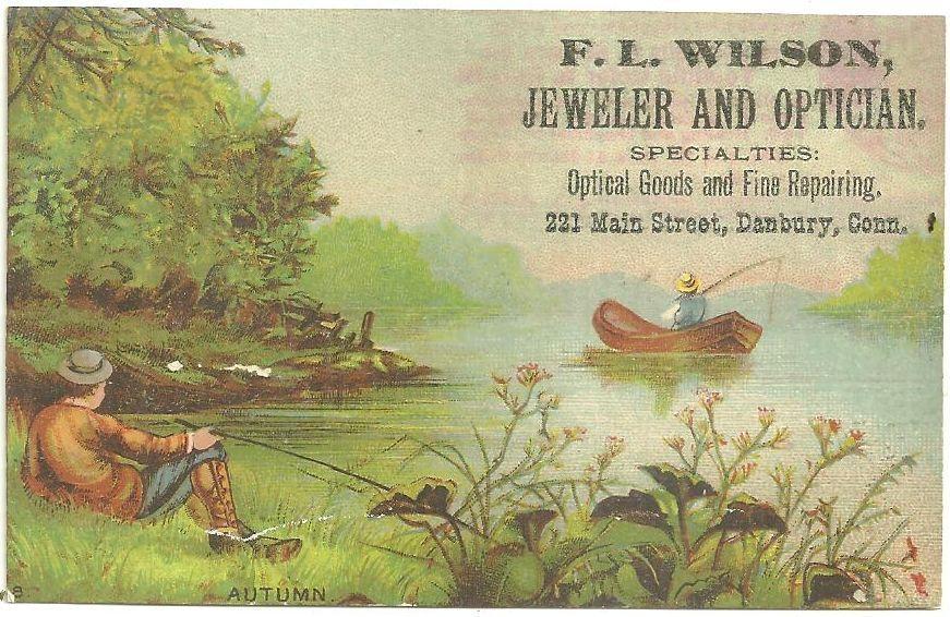 Victorian Trade Card for F.L. Wilson, Jeweler and Optician with Autumn Scene