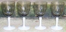 Set of Four Fry Glass Etched Smoke Wine Glasses with Milk Glass Stems
