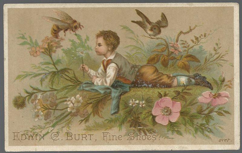 Victorian Trade Card for Edwin C. Burt Fine Shoes with Boy in Field of Flowers
