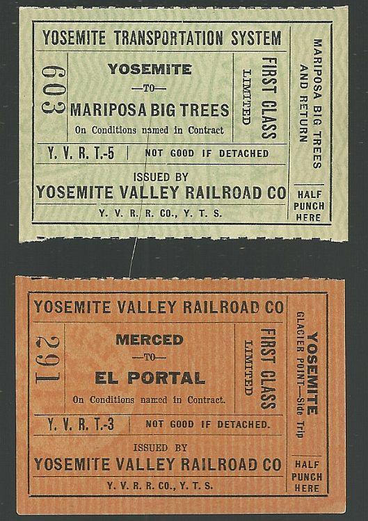 Lot of Two Vintage Railroad Tickets, First Class, Yosemite Valley Railroad Co