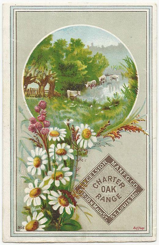 Victorian Trade Card for Charter Oak Range St. Louis with Flowers and Landscape