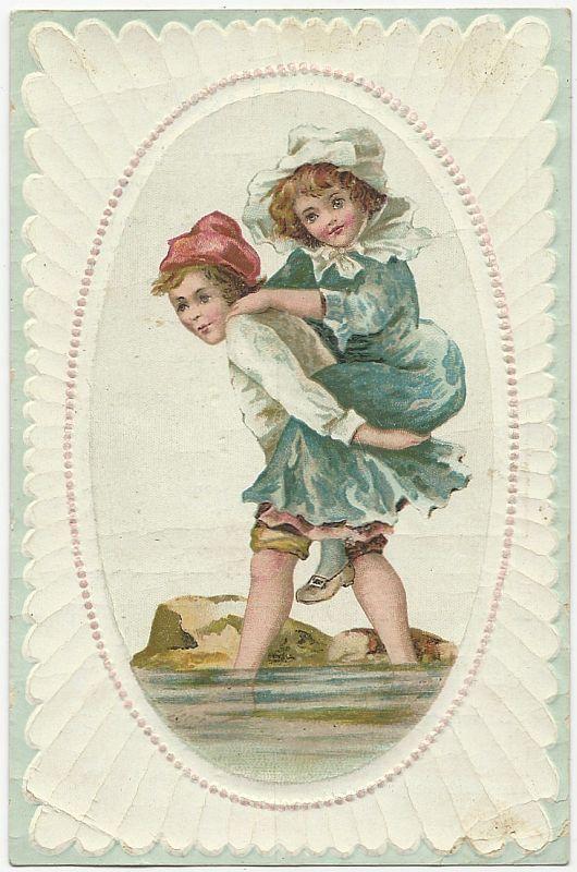 Victorian Trade Card For Woolson Spice Co. with Boy Carrying Girl Over Water