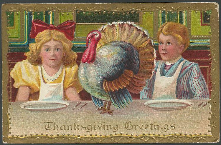 Thanksgiving Greetings Postcard Boy and Girl Sitting at Table with Turkey 1909
