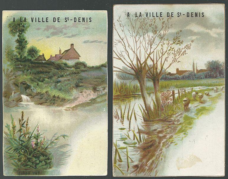 Lot of Two Victorian Trade Cards for Ville de Saint Denis Paris with Landscapes