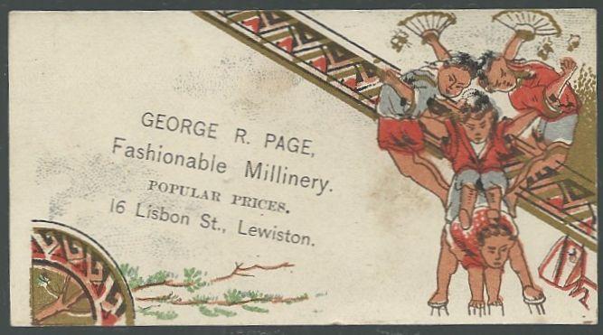 Victorian Trade Card George R. Page Fashionable Millinery w/ Oriental Acrobats